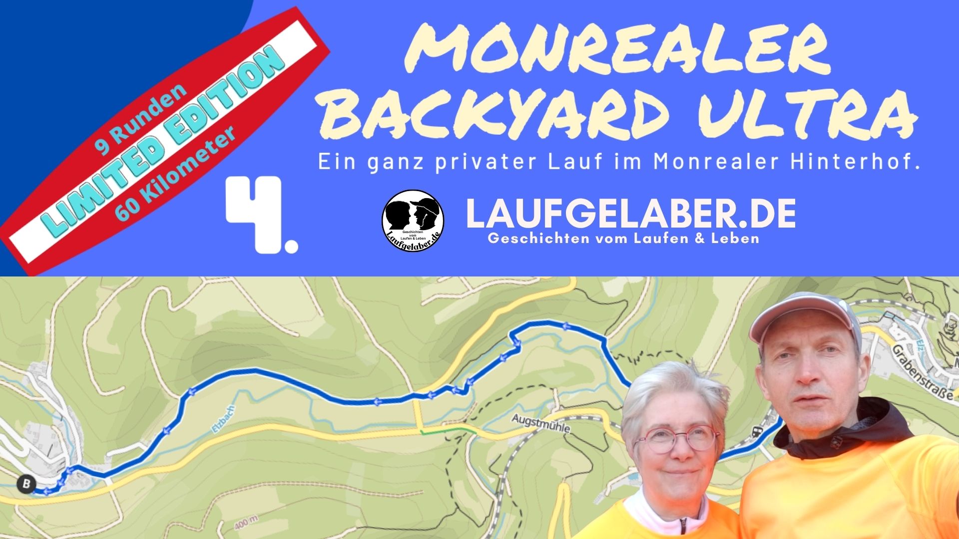 Titelbild zum MOnrealer Backyard Ultra mit der Karte der Laufstrecke im Hintergrund und vorne rechts den Bilder von den Veranstaltern Lydia und Harald