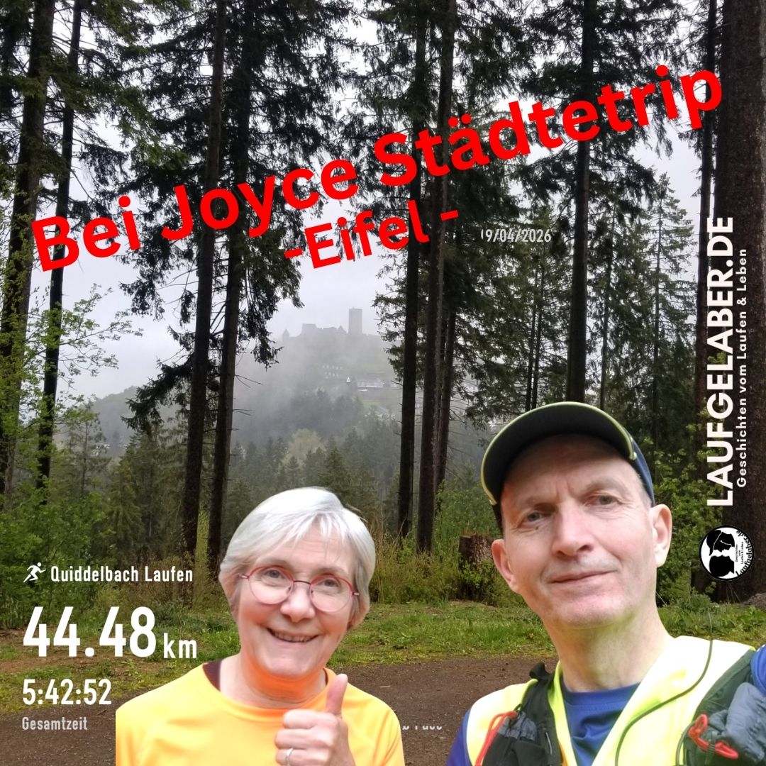 Lydia und Harald vor der Nürburg in der Eifel, mit Schriftzug Joyce Städtetrip.
