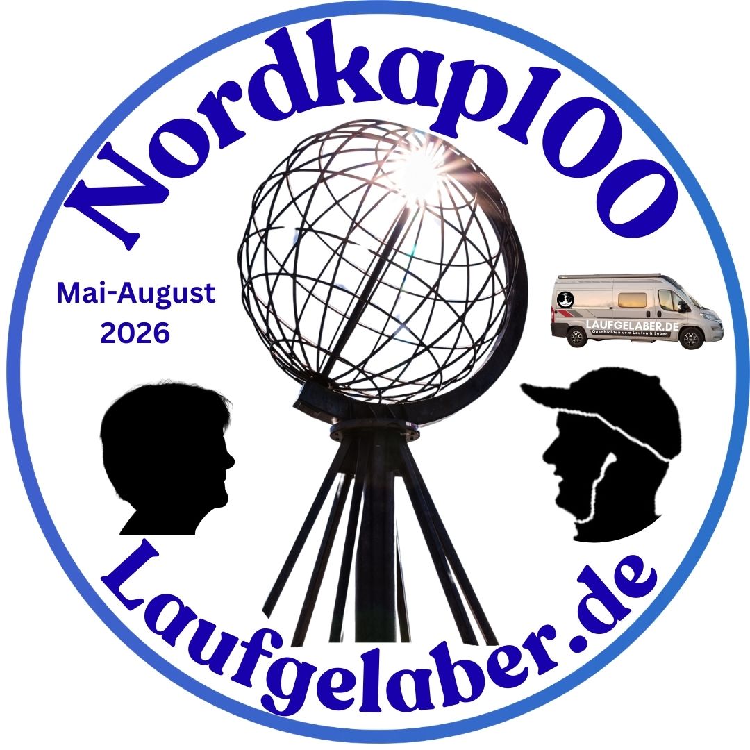 Rundes Logo zum Projekt Nordkap100 mit der Nordkap-Weltkugel in der Mitte den Silhouetten von Lydia und Harald, dem CamperVan und dem Schriftzug Nordkap100 und Laufgelaber.de
