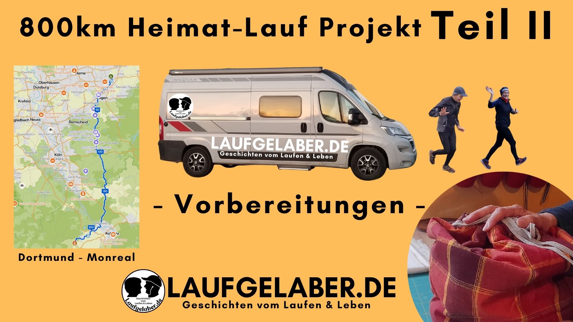 Titelbild zum Projekt 800km-Heimat-Lauf Teil 2. In der Mitte ein CamperVan, daneben Lydia und Harald beim Laufen . Links neben dem Van die Karte mit der Laufstrecke von Dortmund nach Monreal. Rechts unten in der Ecke ein Bild von einem Kochsack den Lydia für das Projekt genäht hat.